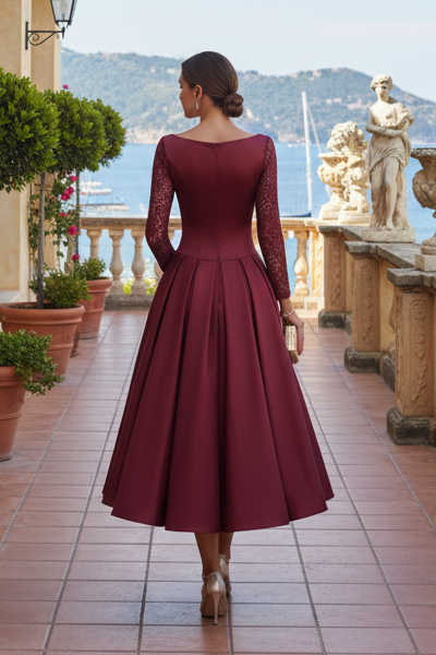 Elegant Pleated A-Line Midi Dress with Lace Sleeves