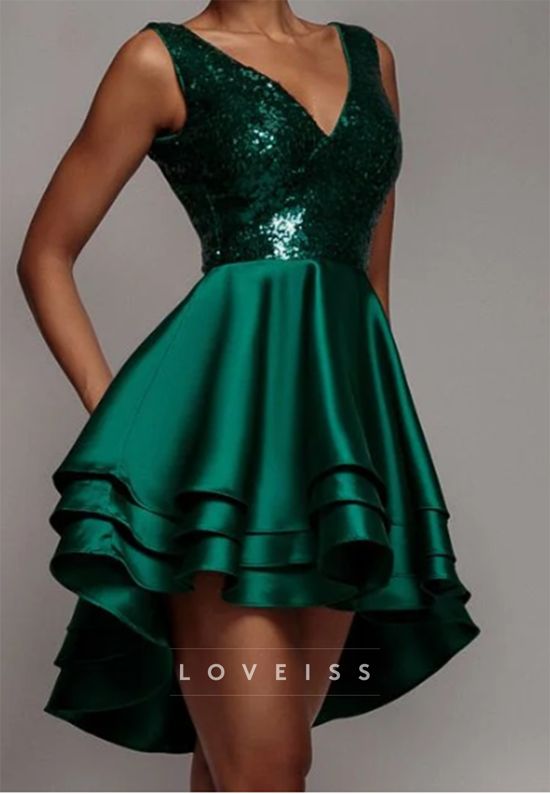 Sequin V-Neck Tiered High-Low Homecoming Dress