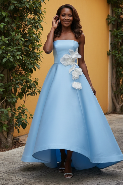 Strapless High-Low Gown with 3D Floral Applique