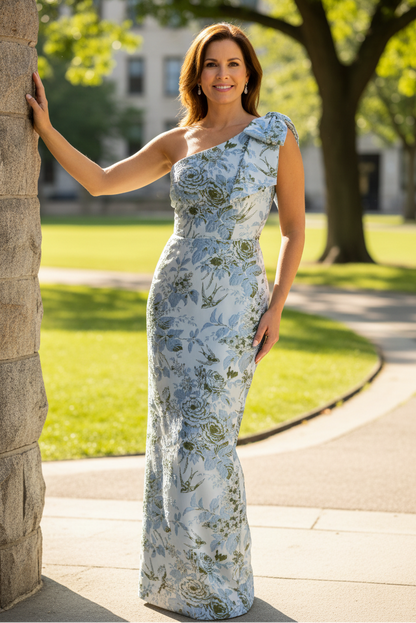 One-Shoulder Floral Column Maxi Dress with Bow