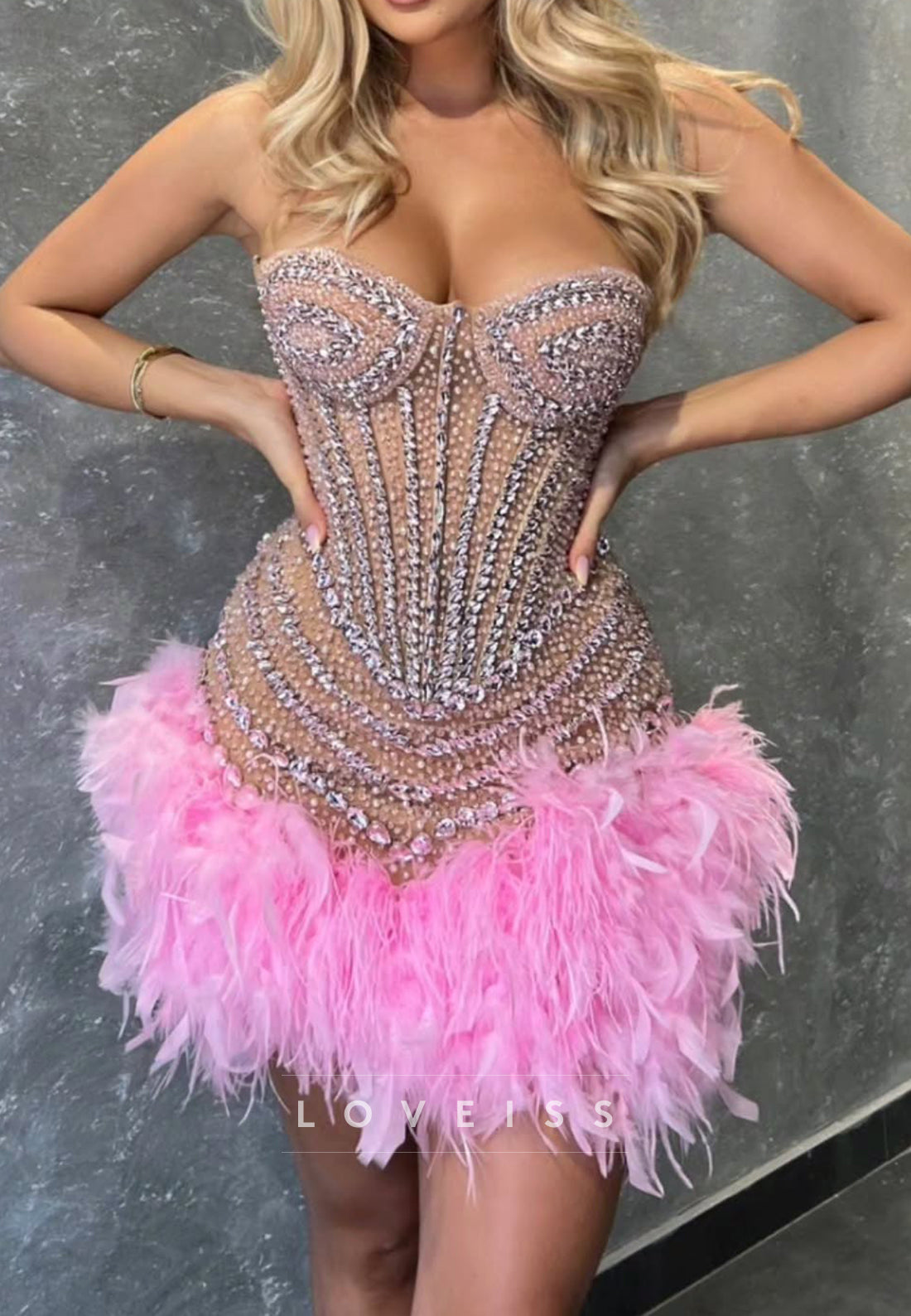 Crystal Beaded Corset Feather Mini Dress