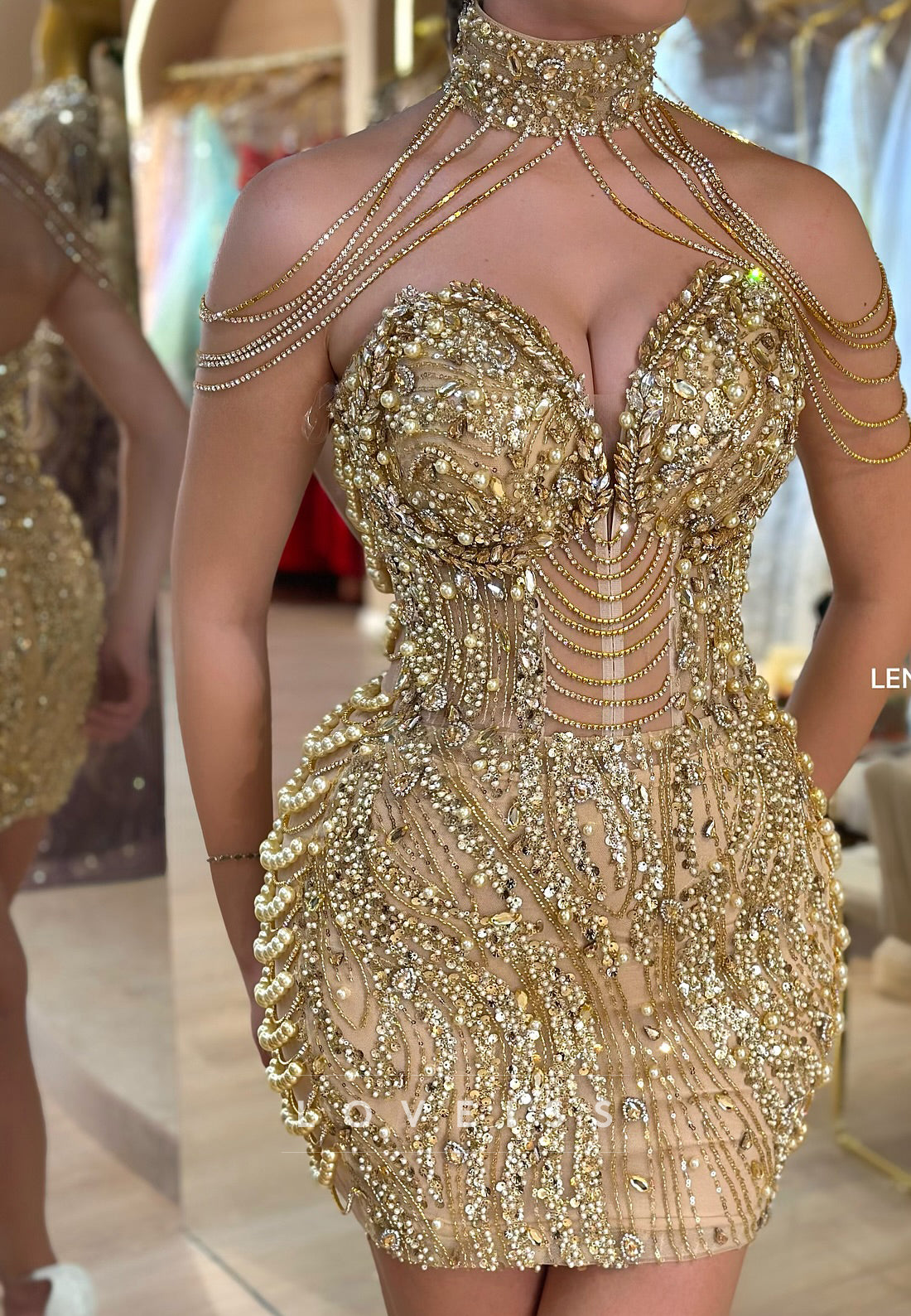 Beaded Corset Mini Dress with Draped Chains