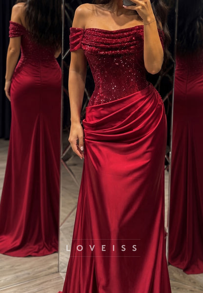 Off-the-Shoulder Sequin Bodice Draped Satin Gown