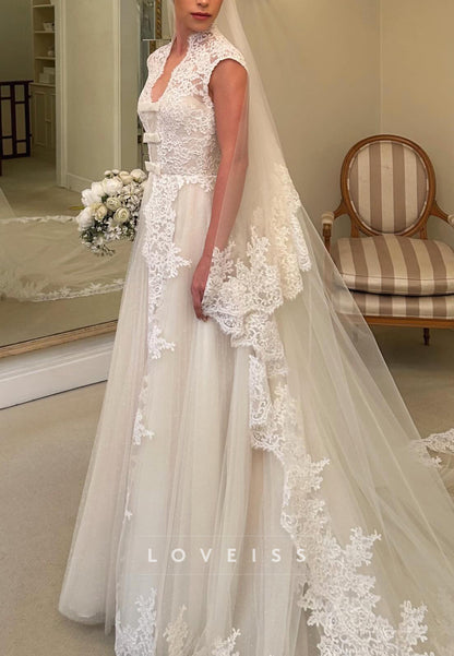Lace Applique A-Line Wedding Gown with Cap Sleeves