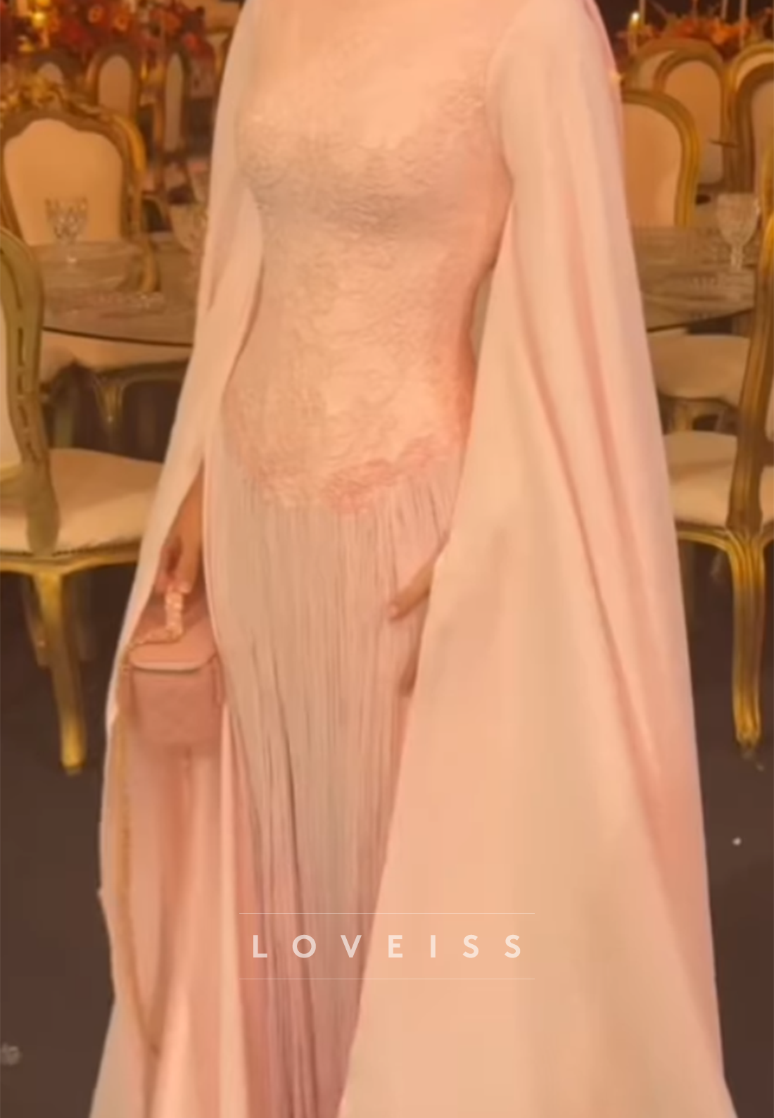 Lace Bodice Fringe Evening Gown with Cape
