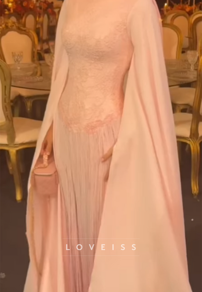 Lace Bodice Fringe Evening Gown with Cape