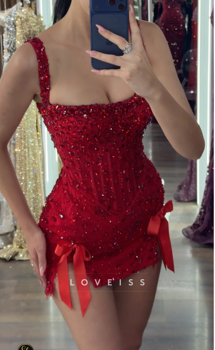 Beaded Corset Mini Dress with Slit Bows
