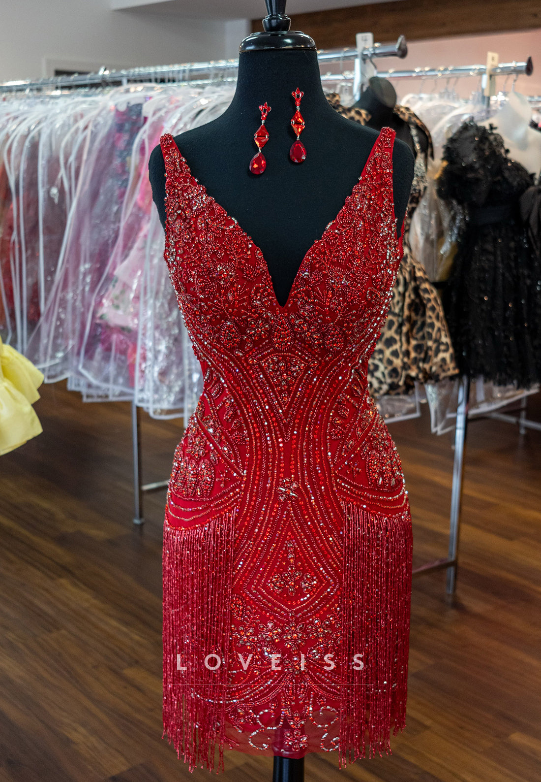 Heavily Beaded Fringe Open Back Mini Dress
