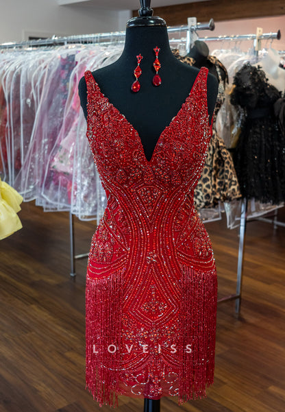 Heavily Beaded Fringe Open Back Mini Dress