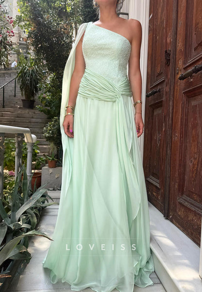 One-Shoulder Beaded Chiffon Evening Gown with Cape