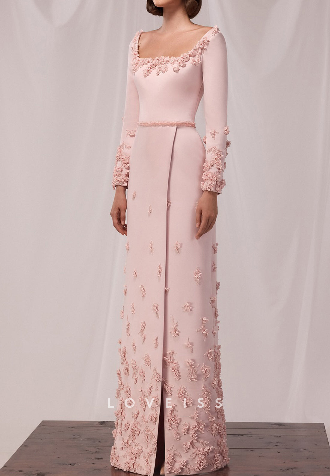 Square Neck 3D Floral Long Sleeve Gown