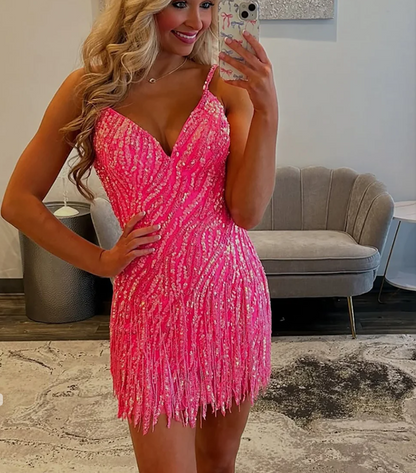 Sequin Fringe Bodycon Mini Dress with V Neckline