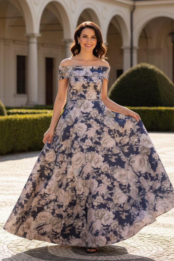 Floral Off-the-Shoulder A-Line Evening Gown