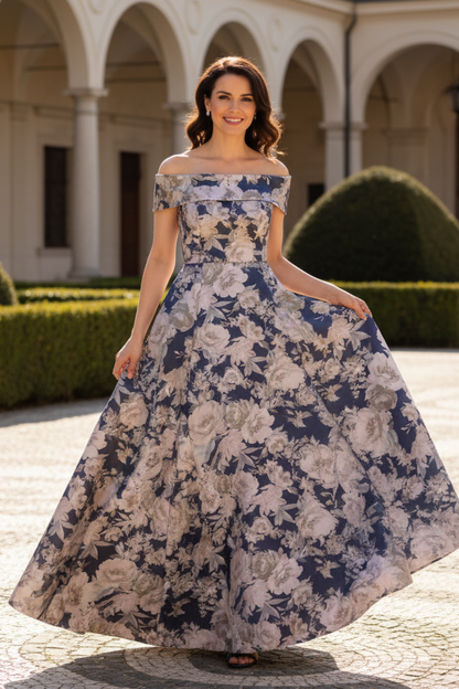 Floral Off-the-Shoulder A-Line Evening Gown