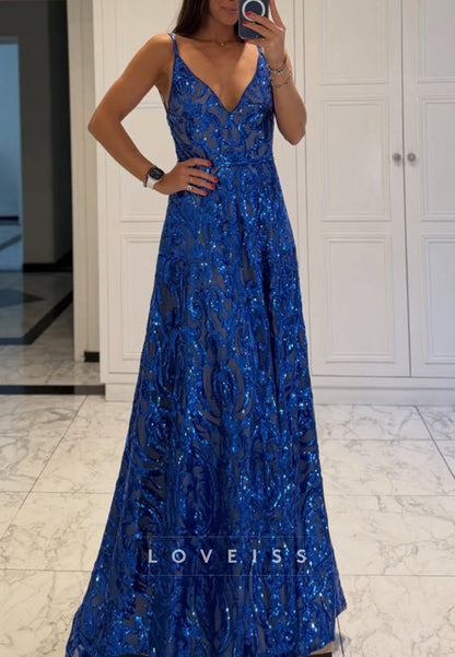 Sequin V-Neck A-Line Gown with Spaghetti Straps