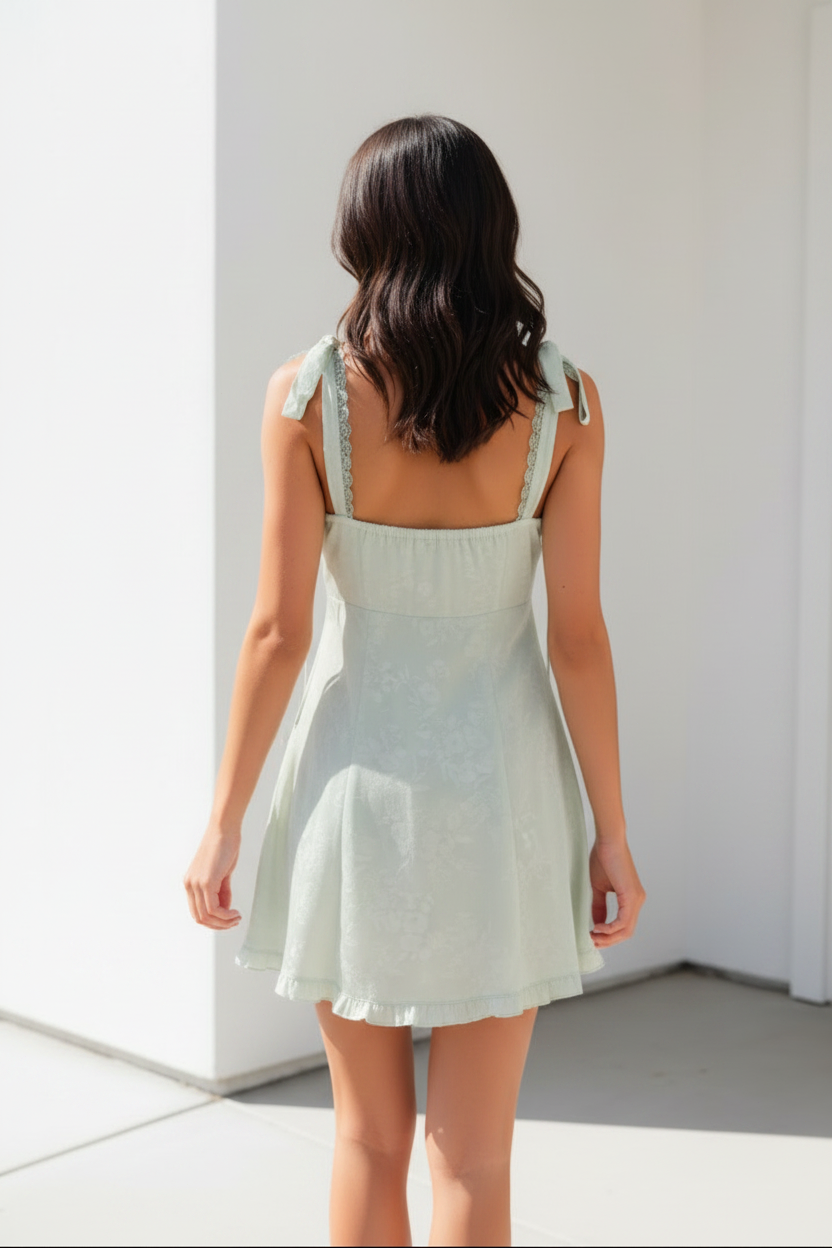 Floral Jacquard Tie-Strap Mini Dress with Open Back