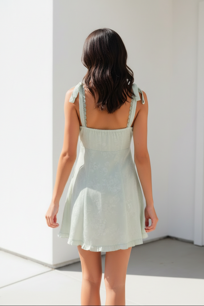 Floral Jacquard Tie-Strap Mini Dress with Open Back