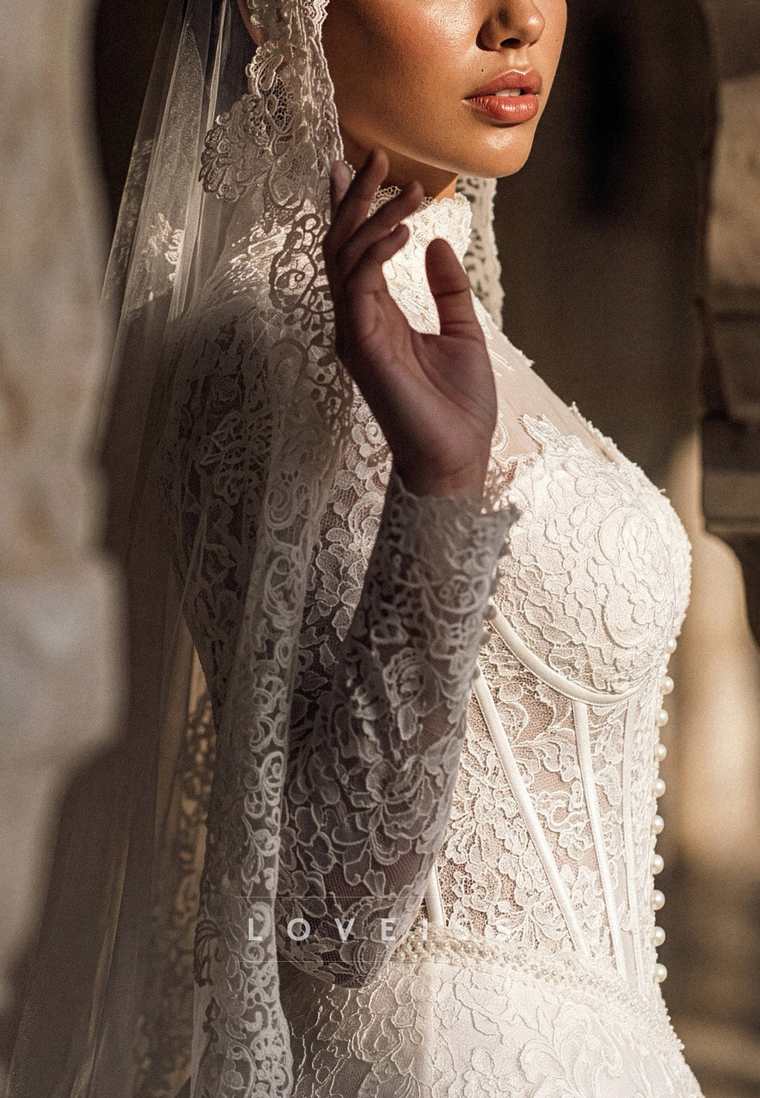 High-Neck Lace Corset Wedding Dress with Slit
