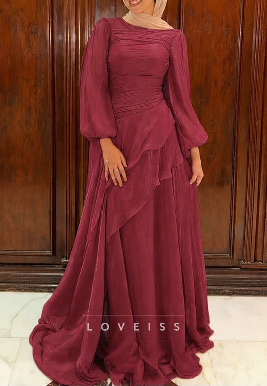 Modest Ruched Long Sleeve Chiffon Evening Gown