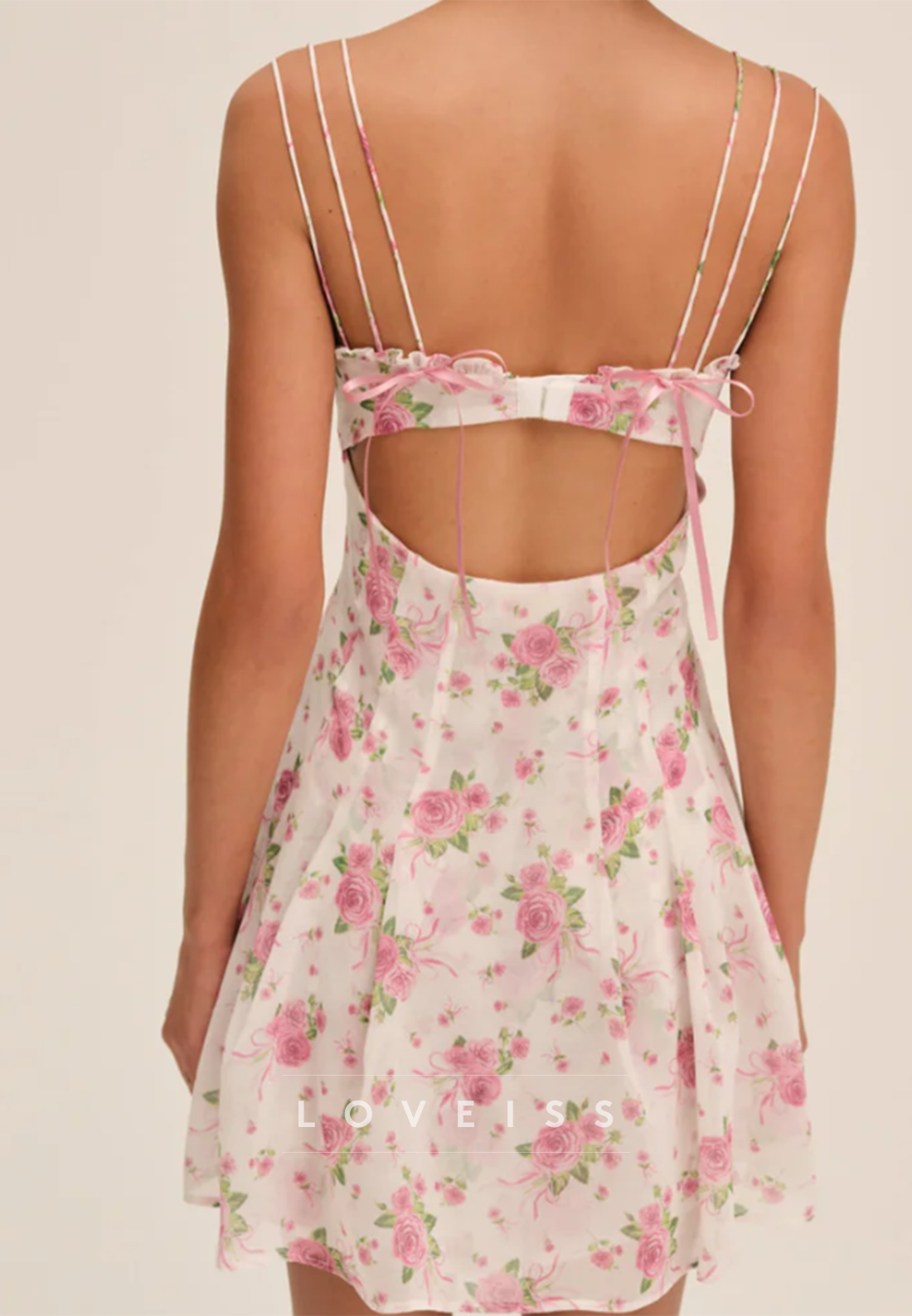 Floral Print Ruffle Trim Open Back Mini Dress