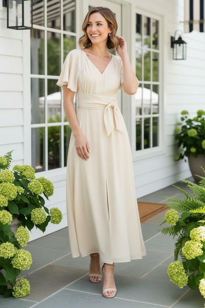 A-Line V-Neck Flutter Sleeve Maxi Dress