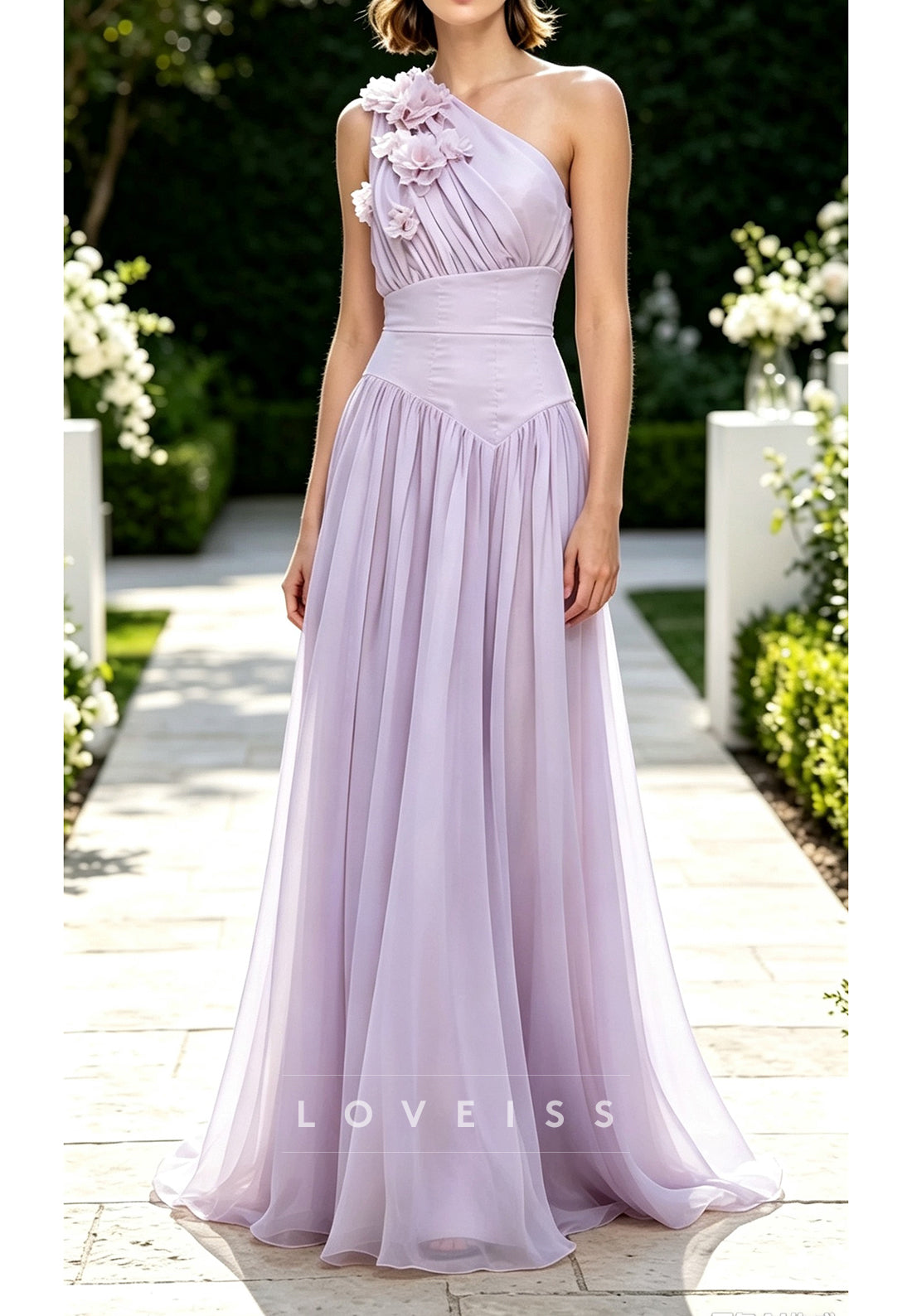 One-Shoulder Floral Applique A-Line Maxi Dress