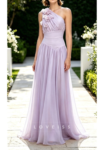One-Shoulder Floral Applique A-Line Maxi Dress
