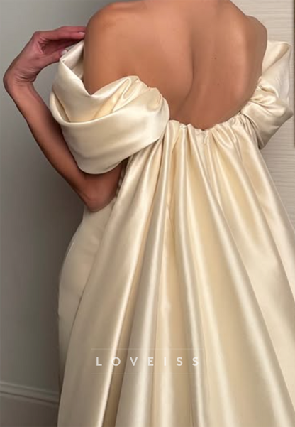 Off-Shoulder Satin Wedding Dress with Lace Applique Neckline