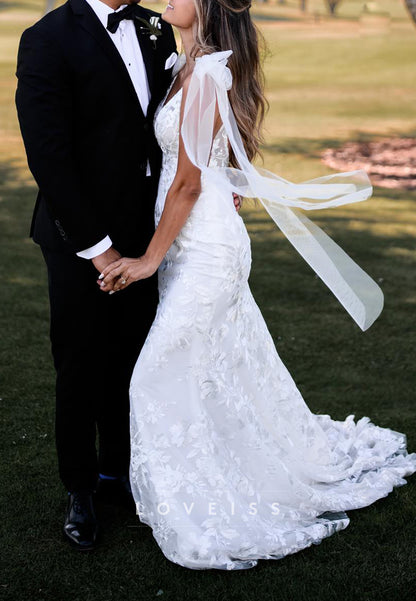 Lace Mermaid Wedding Dress with Tulle Shoulder Bows