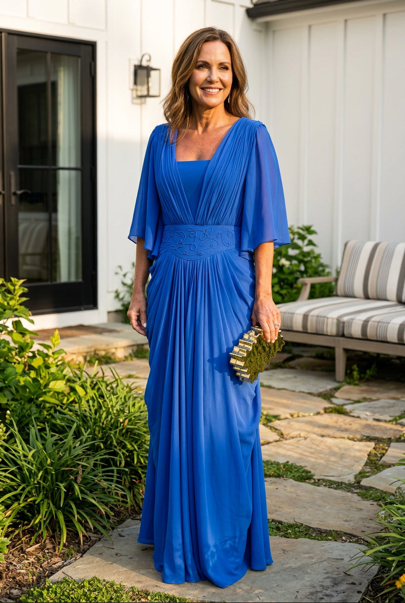 Pleated Bodice Gown with Flutter Sleeves