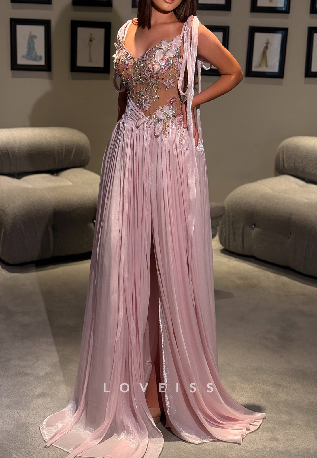 Pleated Chiffon A-Line Gown with Illusion Bodice