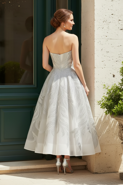 Strapless Embroidered Tea-Length A-Line Dress