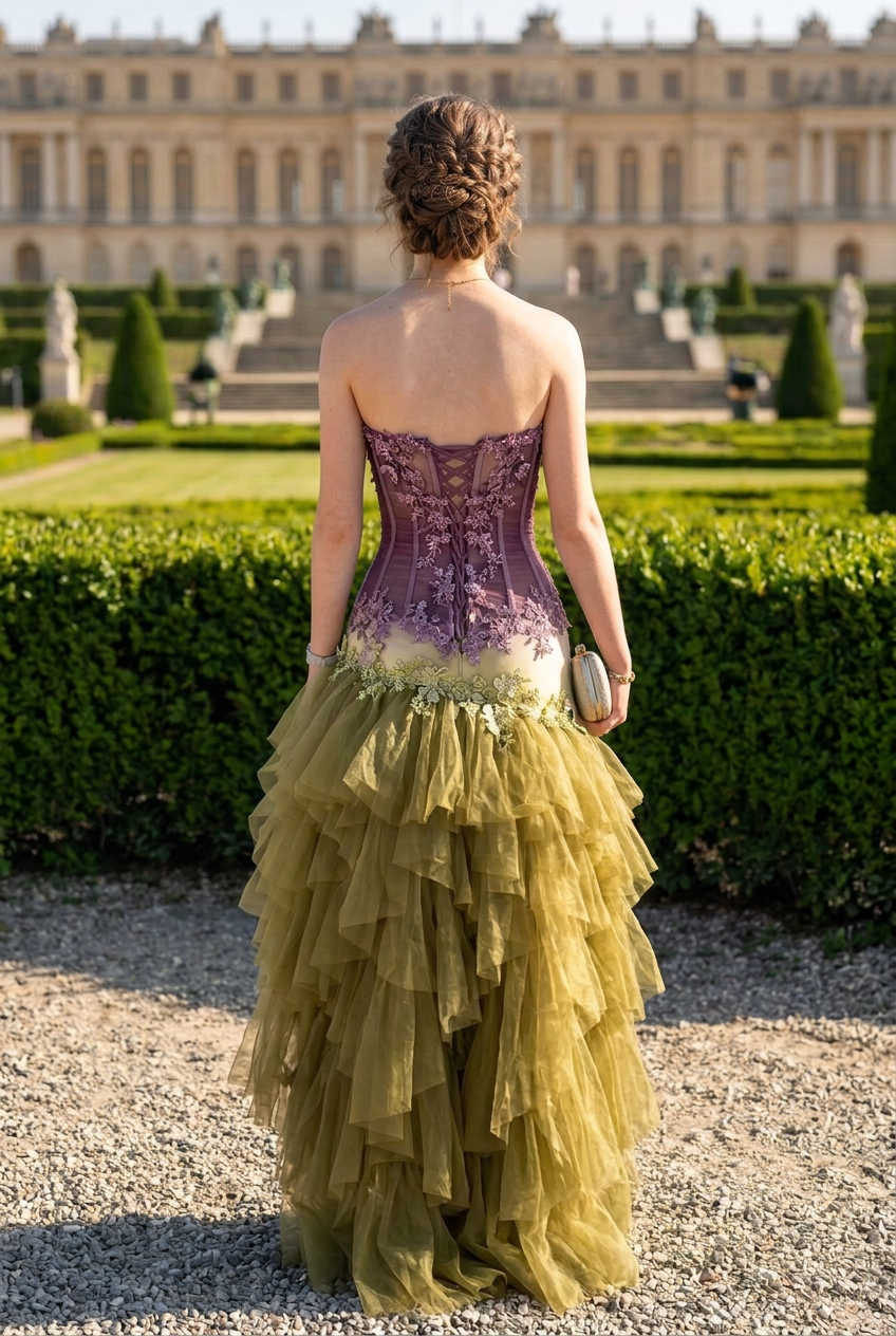 Strapless Corset Floral Appliqué Tiered Tulle Dress