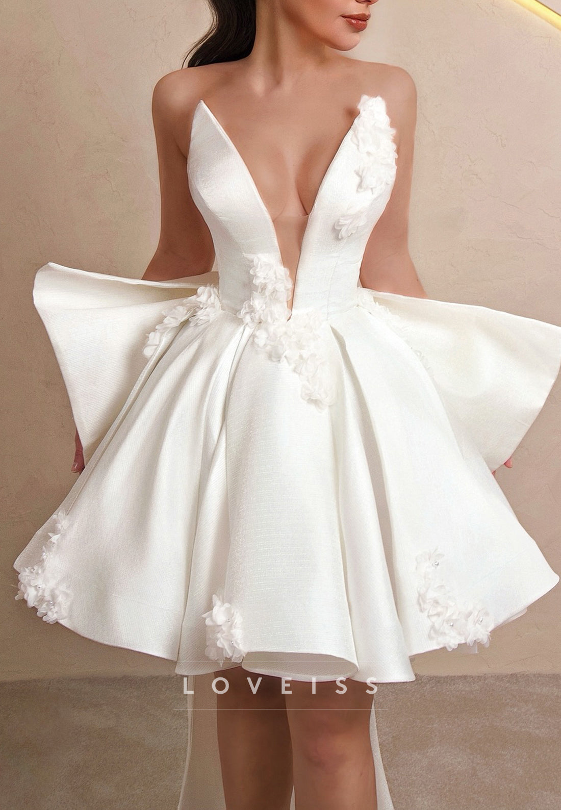 Strapless Deep V 3D Floral High-Low Mini Dress