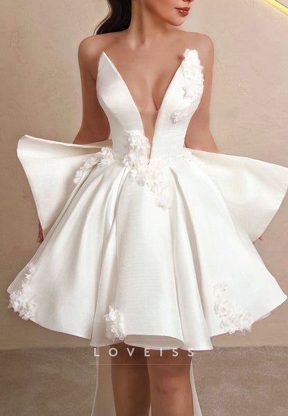 Strapless Deep V 3D Floral High-Low Mini Dress