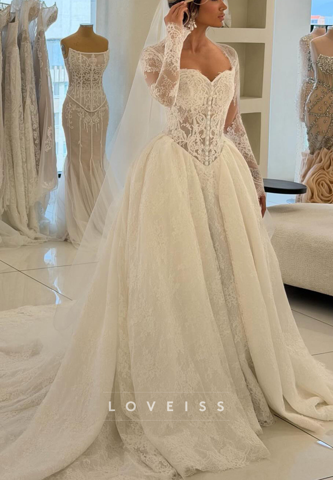 Long Sleeve Lace Ball Gown Wedding Dress with Corset