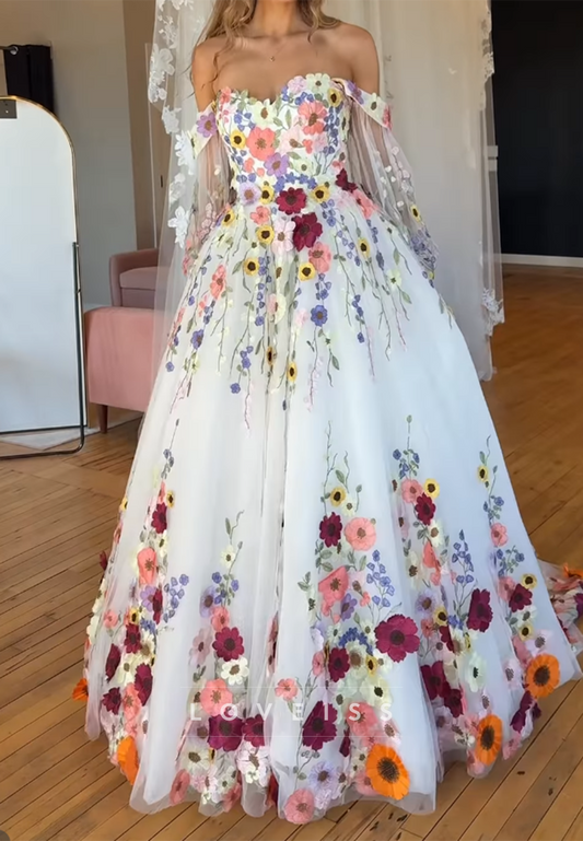 Off-The-Shoulder 3D Floral Tulle A-Line Wedding Dress