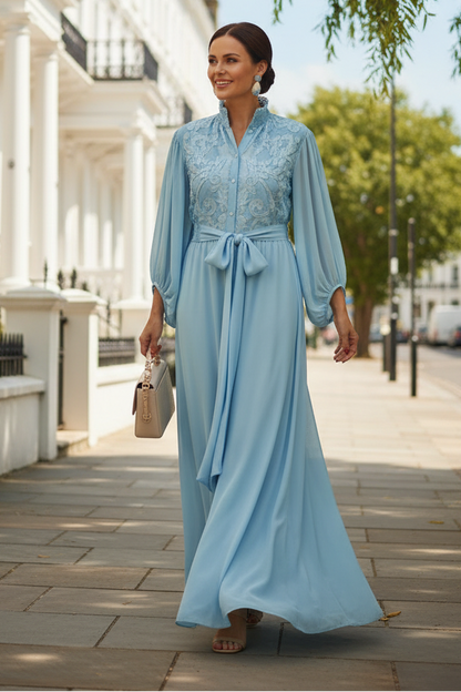 Long Sleeve Embroidered Maxi Dress with Sash
