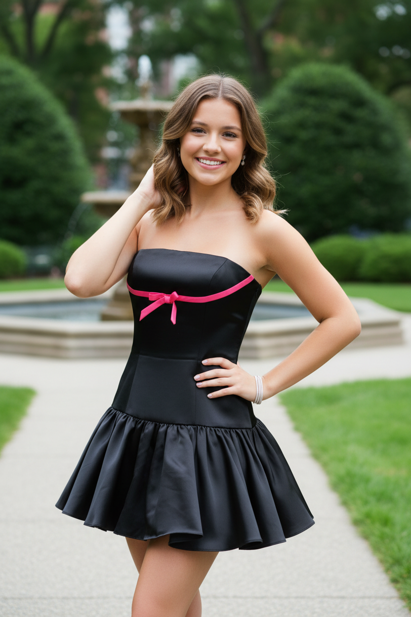 Strapless Satin Mini Dress with Bow Detail