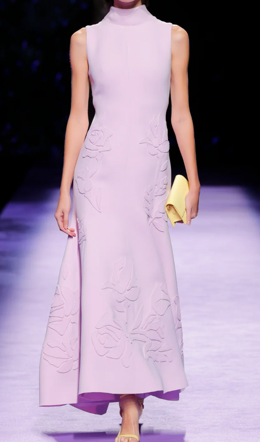 High Neck Sleeveless A-Line Maxi Dress with Floral Detail