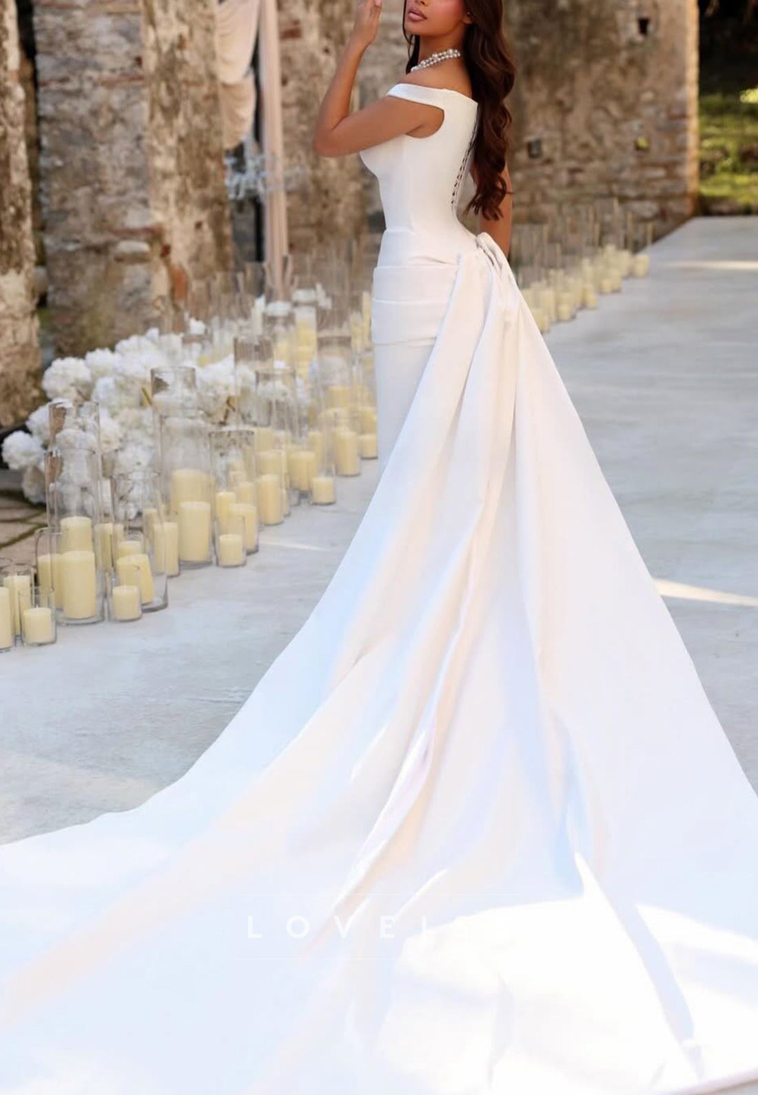 Off Shoulder Mermaid Wedding Dress with Detachable Train