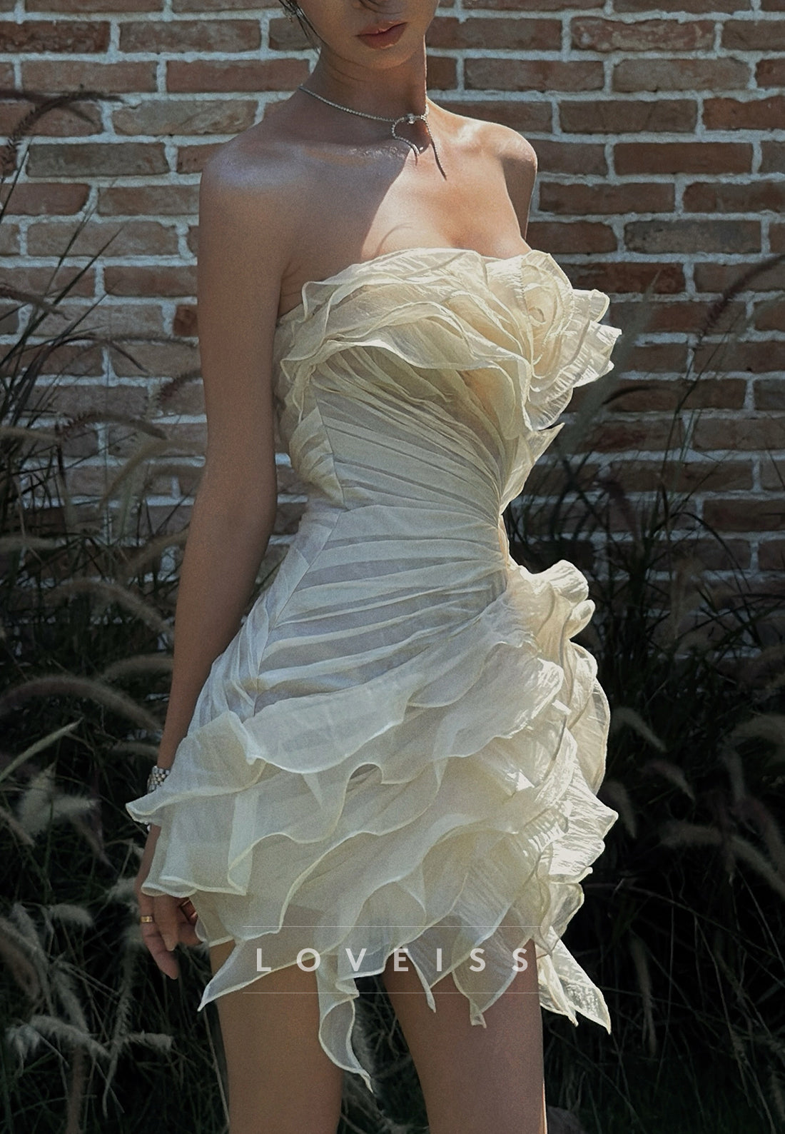 Strapless Ruffled Organza Mini Cocktail Dress