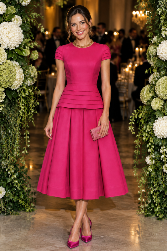 Tiered Waist Cap Sleeve Pleated Midi Dress