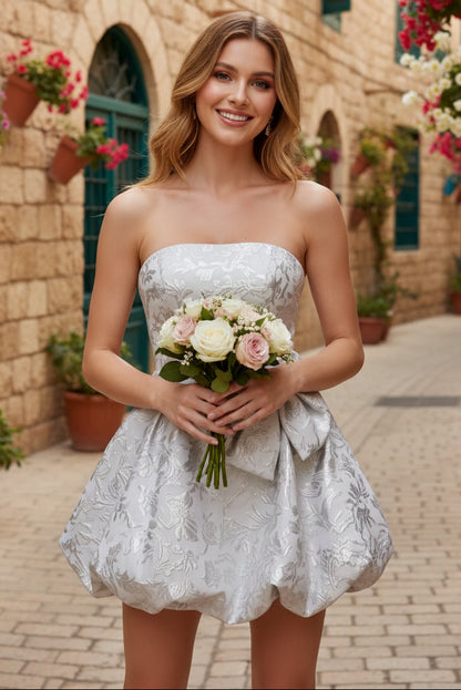 Strapless Jacquard Bubble Skirt Mini Dress