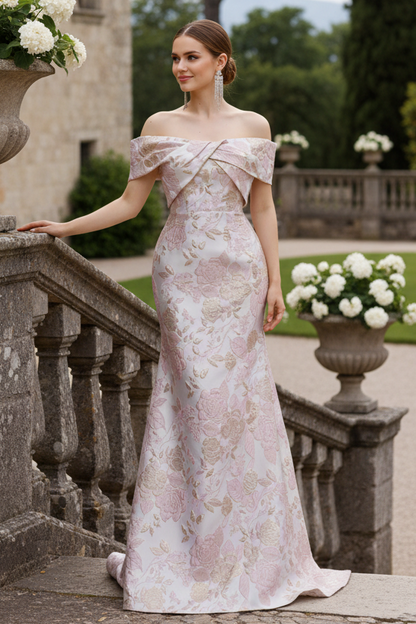 Off-the-Shoulder Brocade Mermaid Evening Gown