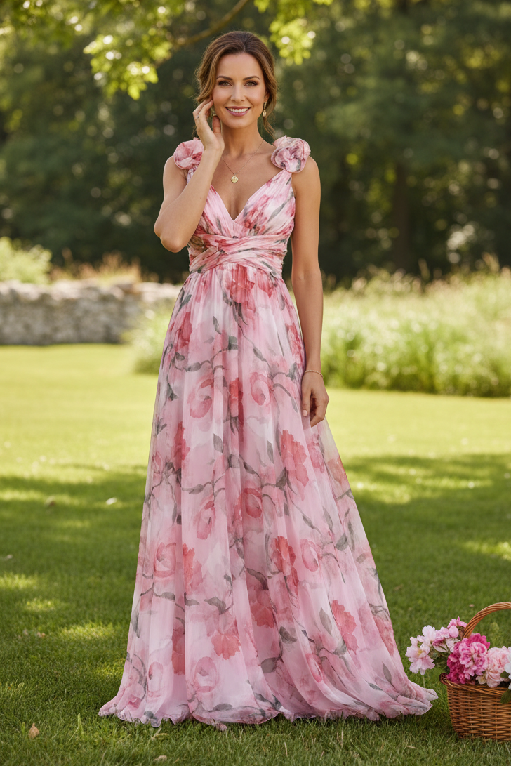 Floral Print Chiffon Maxi Dress with 3D Shoulder Flowers