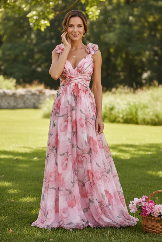 Floral Print Chiffon Maxi Dress with 3D Shoulder Flowers