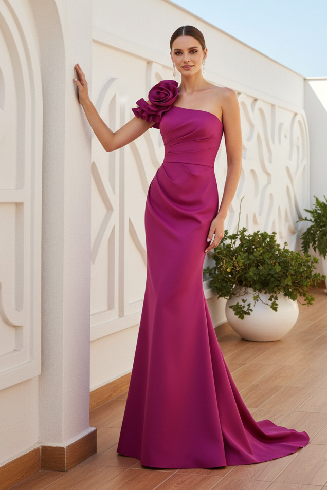 One-Shoulder Floral Mermaid Evening Gown