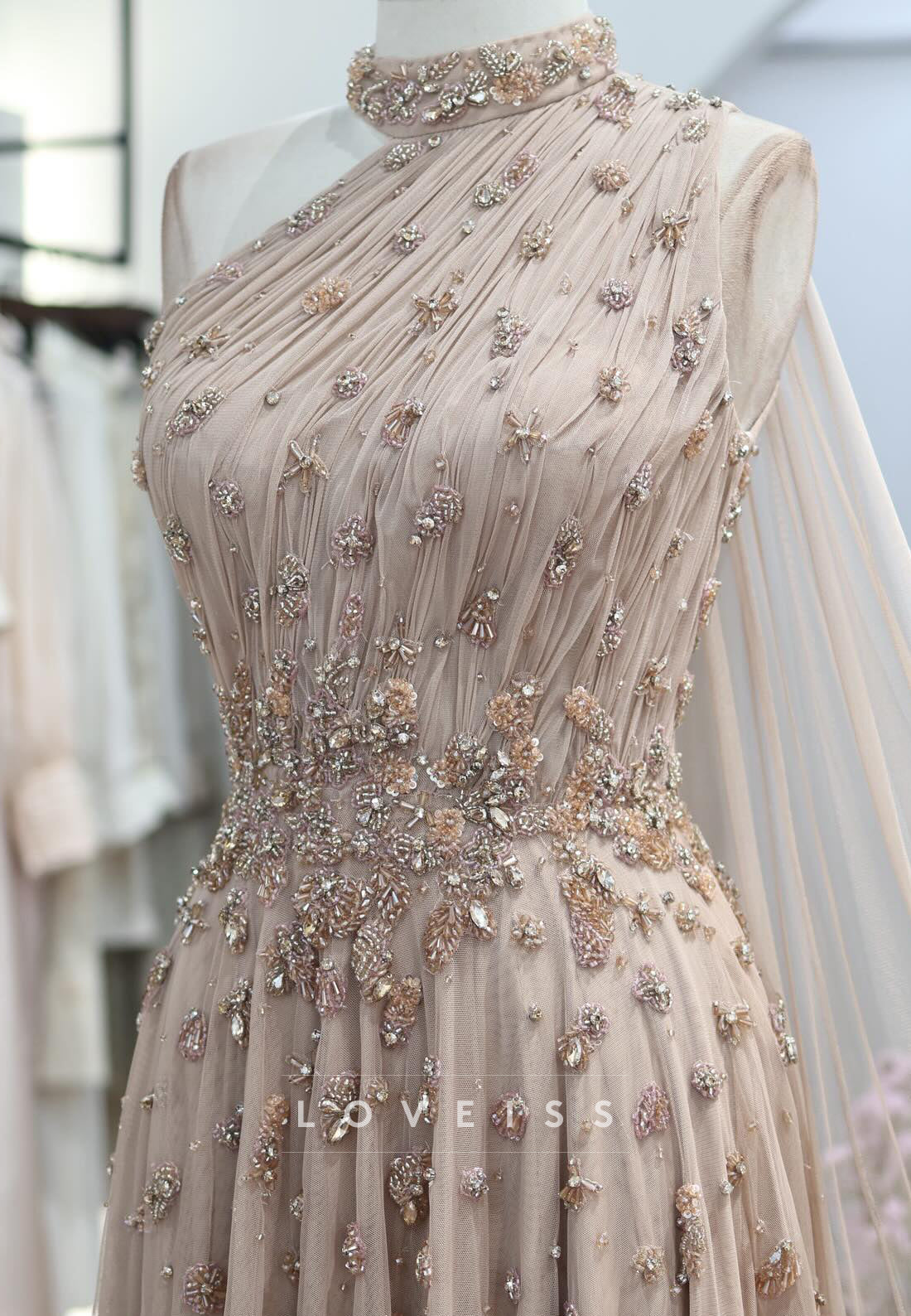 Beaded High Neck Pleated Tulle A-Line Evening Gown