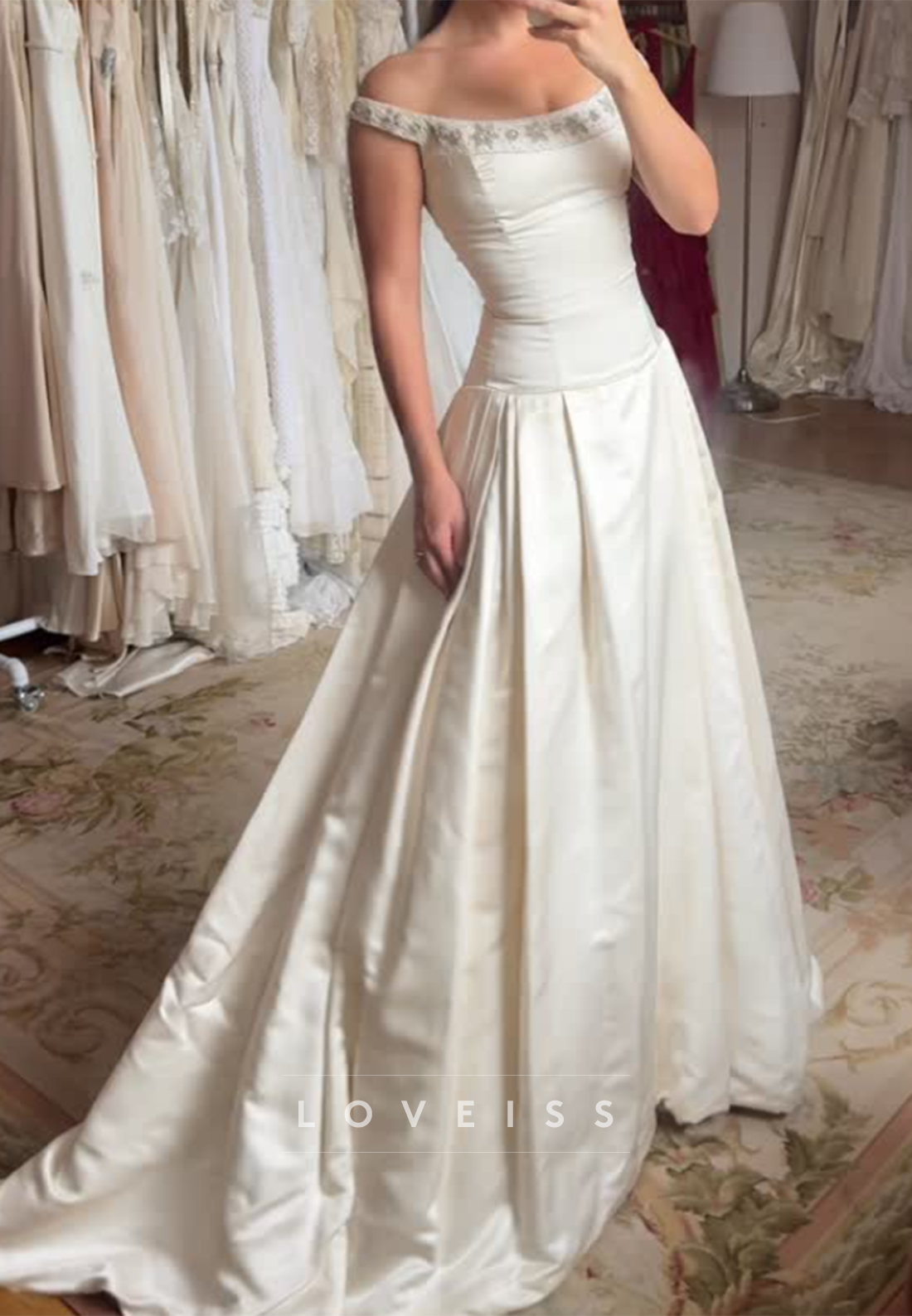 Off-Shoulder Beaded Satin Ball Gown